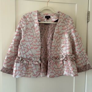 TOPSHOP | ruffle jacquard unique jacket blazer open front pink leaf pattern , 10